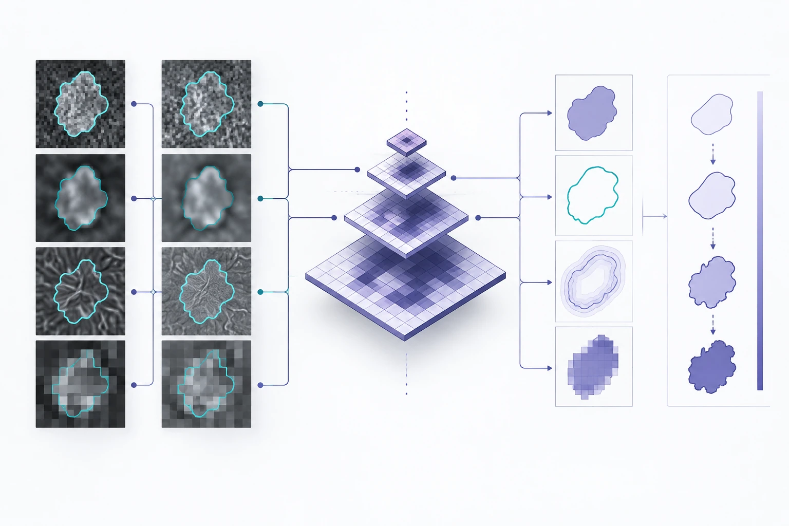 Diagram combining segmented T1 and T2 image regions through a feature pyramid.